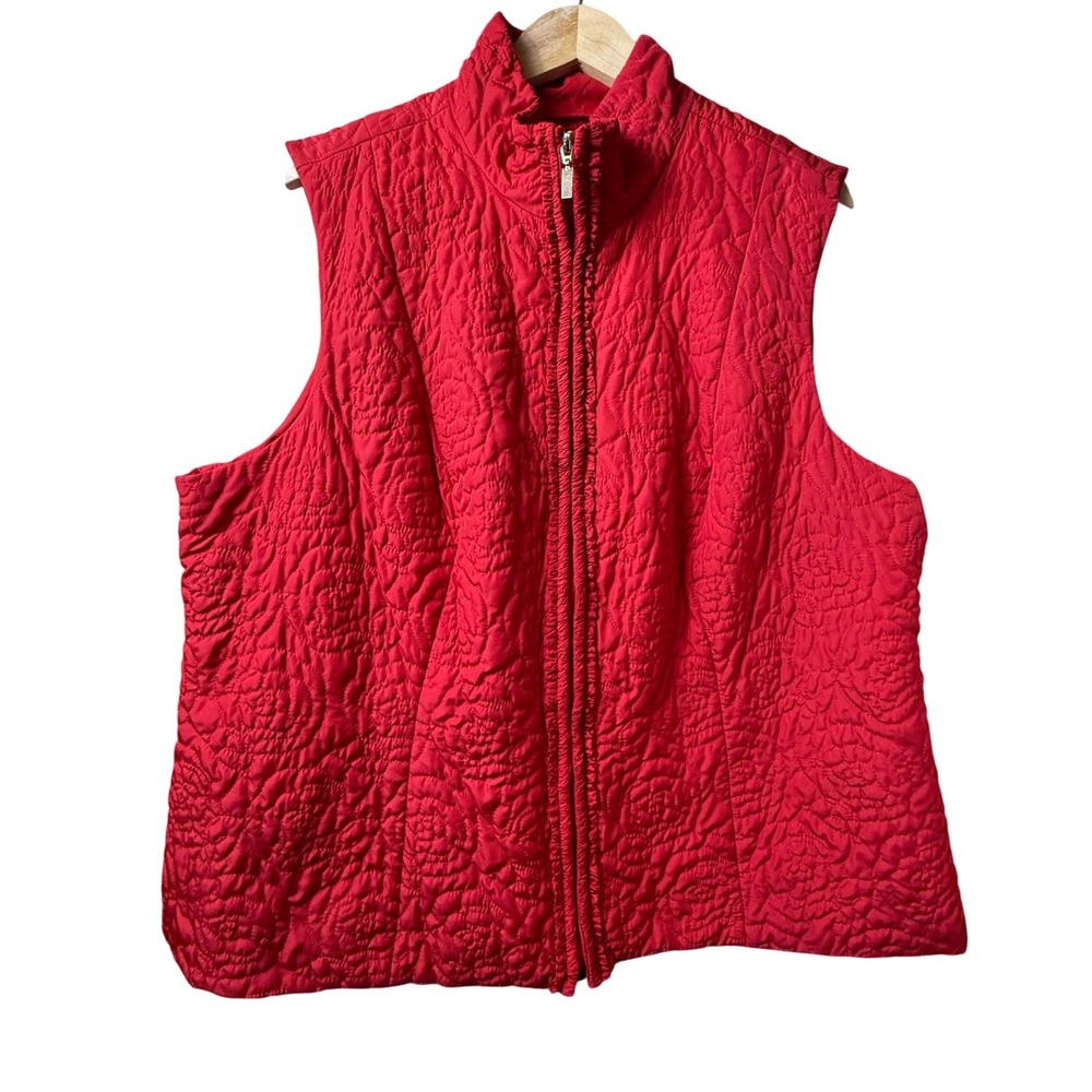 Charter Club Women's Red Quilted‎ Floral Vest Size 3X Full Zip Mock Neck